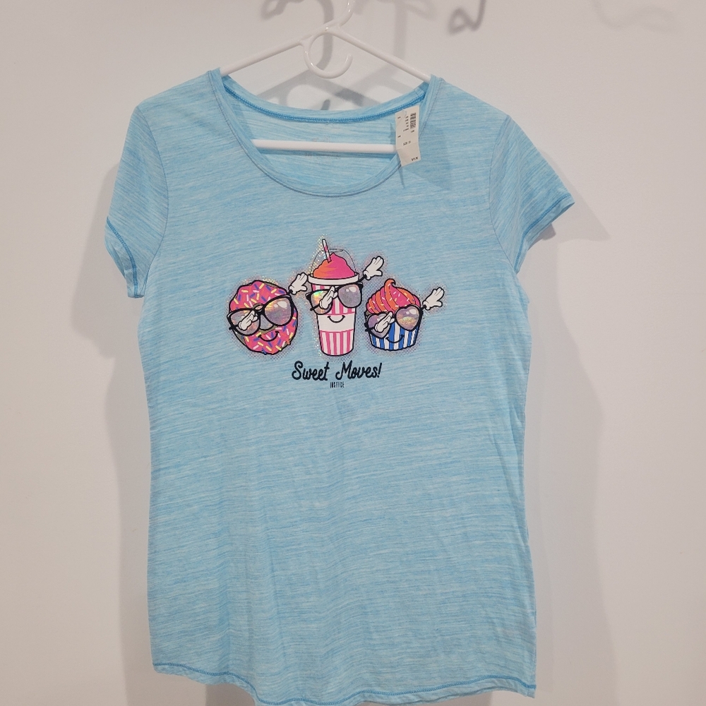 Justice Light Blue Tee with Sweets Dabbing Graphic / Size 20